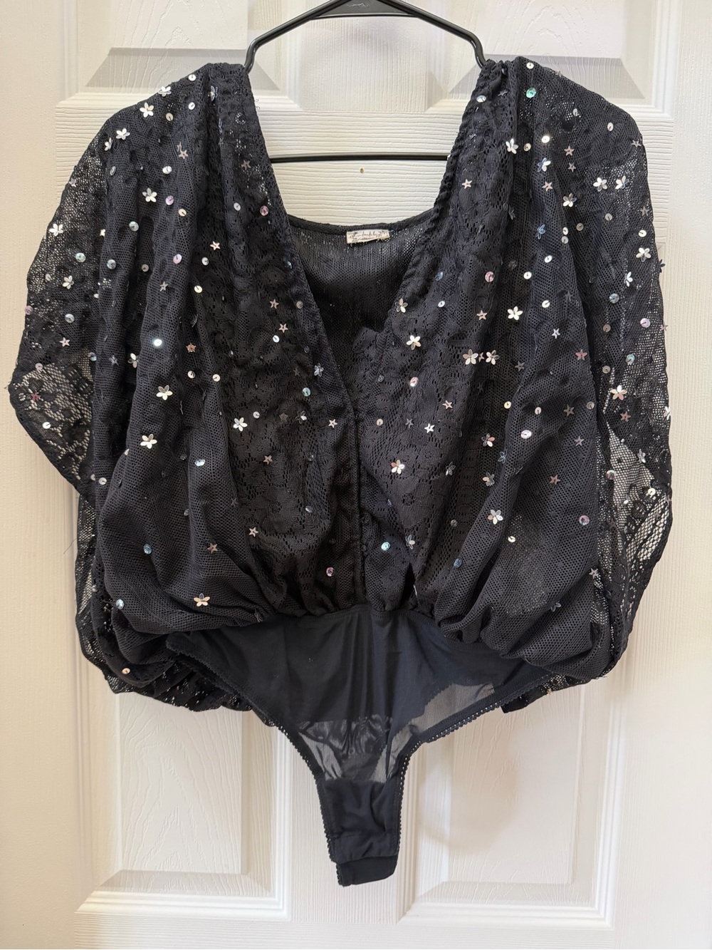 Intimately Free People Black Sequin Lace Draped Bodysuit Small